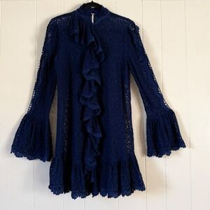 Free People Women's Lace Sheer Ruffle Bell Sleeve Boho Mini Dress Size S Fairy